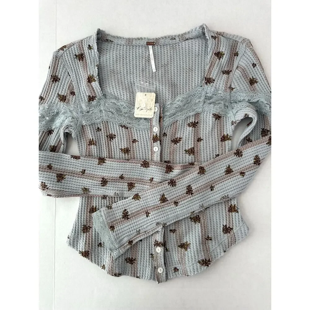 Free People Dainty Let's Party Cardi in Pearl Blue Combo Waffle Knit–NWT Size XS